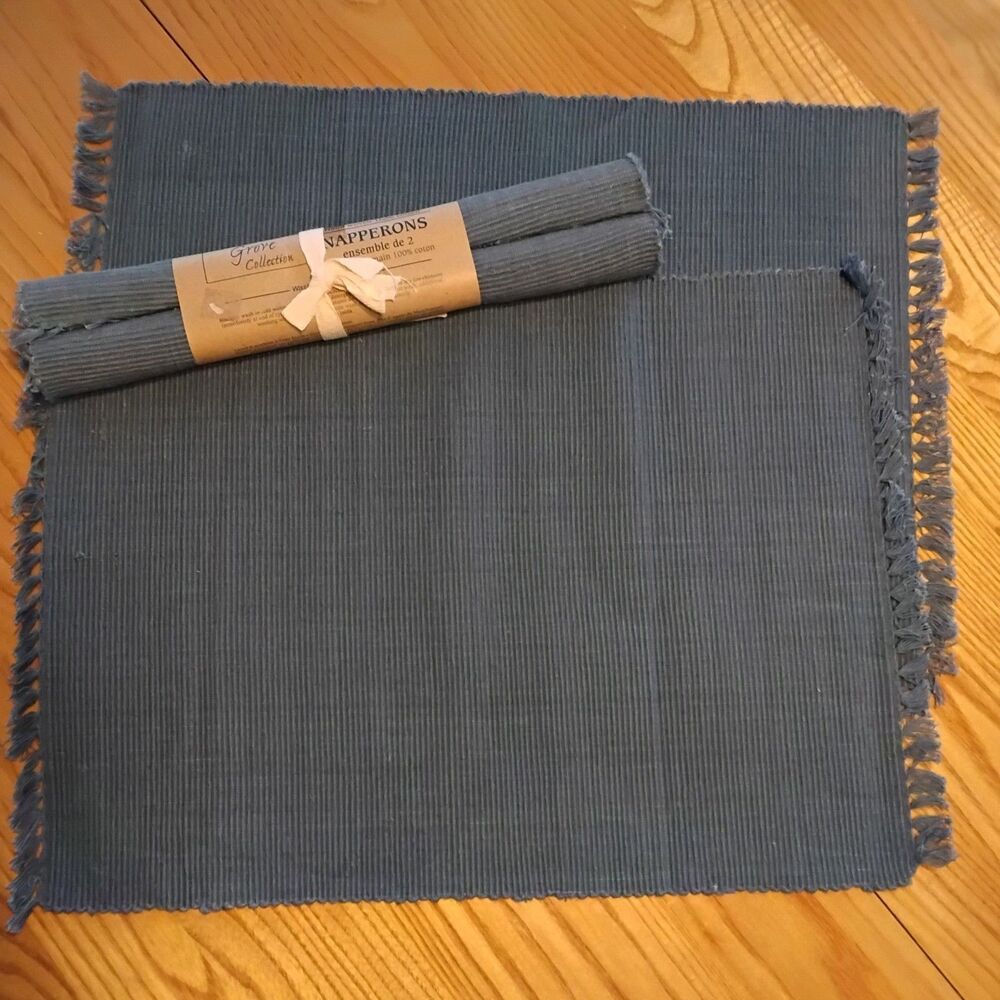 Savannah Grove Cotton Ribbed Placemats Dusty Blue 18x13 Fringed Edges Set Of 4